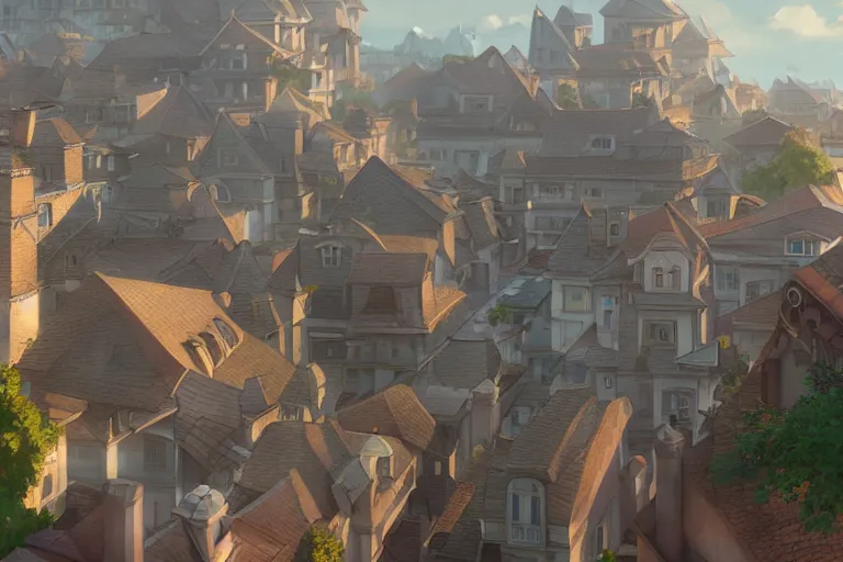Prompt: a wholesome animation key shot of a city with roofs with tiles, medium shot, studio ghibli, pixar and disney animation, sharp, rendered in unreal engine 5, anime key art by greg rutkowski, bloom, dramatic lighting