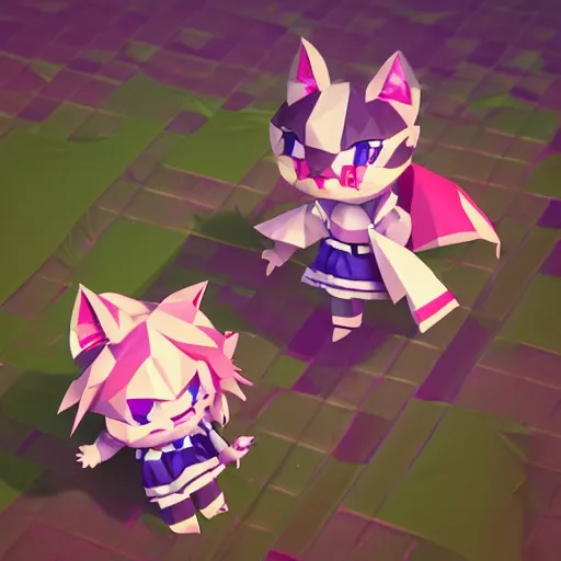 Image similar to ultra low poly modelling, clean graphics, isometric view, 1 6 bit colors, from touhou, made in rpg maker, fat chibi grey cat, volumetric lighting, fantasy, intricate, hyper realistic, by riot games, league of legends, backlit