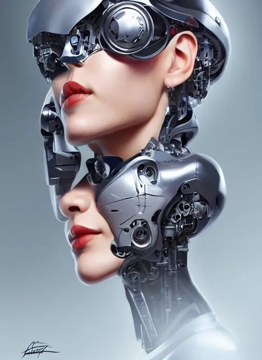 Prompt: portrait of a cyborg woman who turns her head to the ((((((right))))) left+349 (((((up))))) (((((down))))) by Artgerm,eyes closed , biomechanical, hyper detailled, trending on artstation