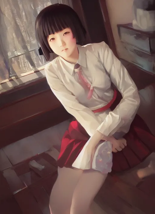 Prompt: gorgeous feminine Japanese schoolgirl, elaborate polished, trending on ArtStation, by WLOP, Ilya Kuvshinov, Greg Rutkowski, sublime-classy-dignified ambience, 16k, sharp focus, volumetric lighting