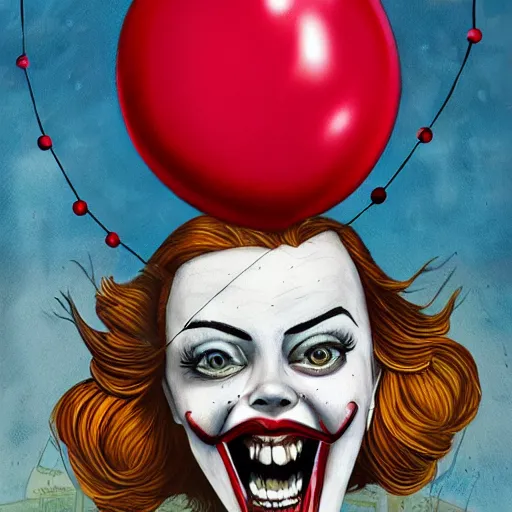 Image similar to grunge cartoon painting of margot robbie with a wide smile and a red balloon by chris leib, loony toons style, pennywise style, corpse bride style, horror theme, detailed, elegant, intricate