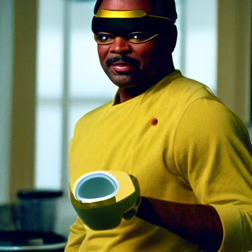 Image similar to Geordi LaForge wearing visor and a colander and random kitchen tools on his head