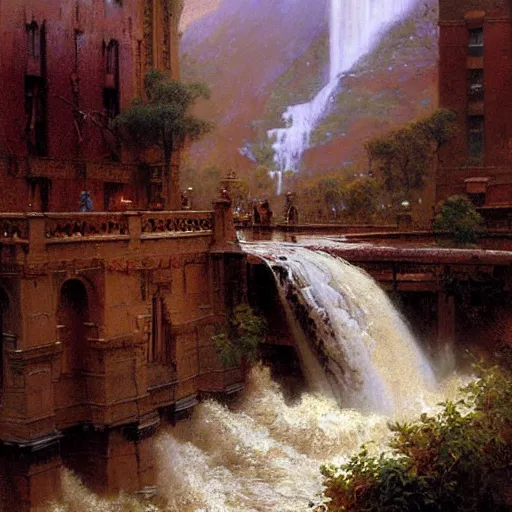 Image similar to waterfall flooding an entire city. victorian age. highly detailed painting by gaston bussiere, craig mullins, j. c. leyendecker