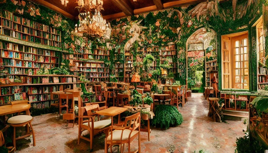 Prompt: Dreamy photo of a very very cozy bookstore cafe that is nestled into the lush PNW woods with castle and temple details, lush plants and flowers, in the style of Gucci, photographed by Petra Collins and Wes Anderson, magic details, very detailed, 8k, trending on artstation, very detailed