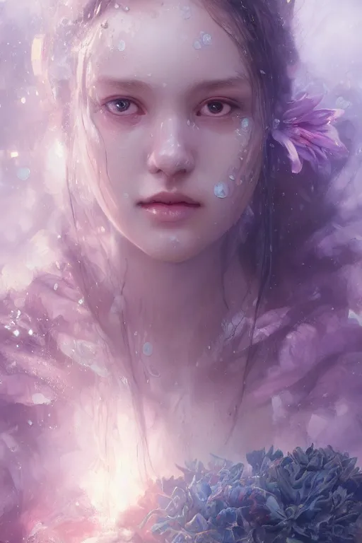 Prompt: face closeup a young beautiful girl drowned in water covered with ice crystals, 3 d render, hyper realistic detailed portrait, holding magic flowers, ruan jia, wlop. scifi, fantasy, hyper detailed, octane render, concept art, by peter mohrbacher, by wlop, by ruan jia
