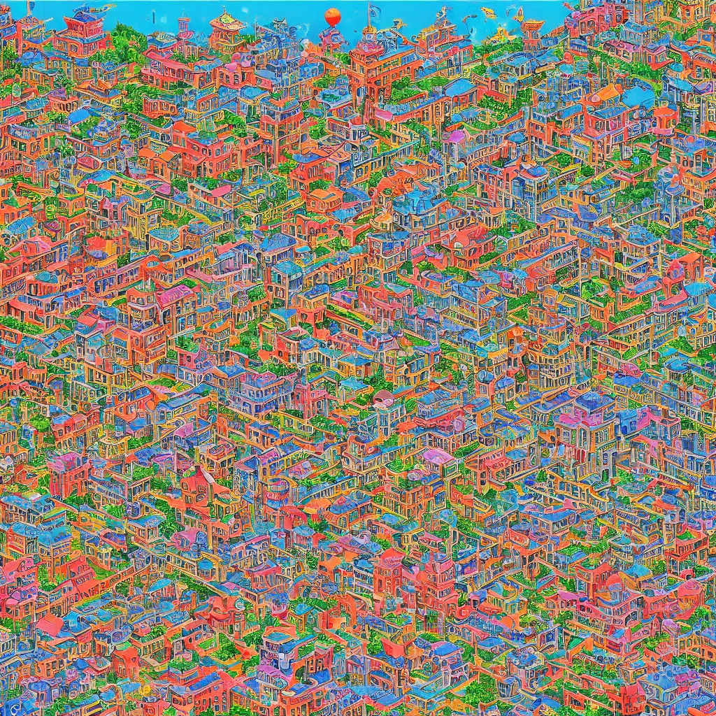 Prompt: a Where's Waldo puzzle of a chinese prison by bosch and lisa frank, ornate, beautiful, bold colors, detailed, high resolution, realistic, intricate