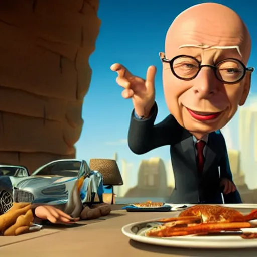 Prompt: EAT ZE BUGS with Klaus Schwab, stylized surrealism by Pixar