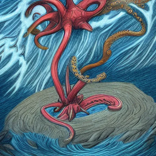 Image similar to coloured pencil drawing of a galion attacked by a giant octopus, rainy day an big waves. d & d, illustration, trending on artstation