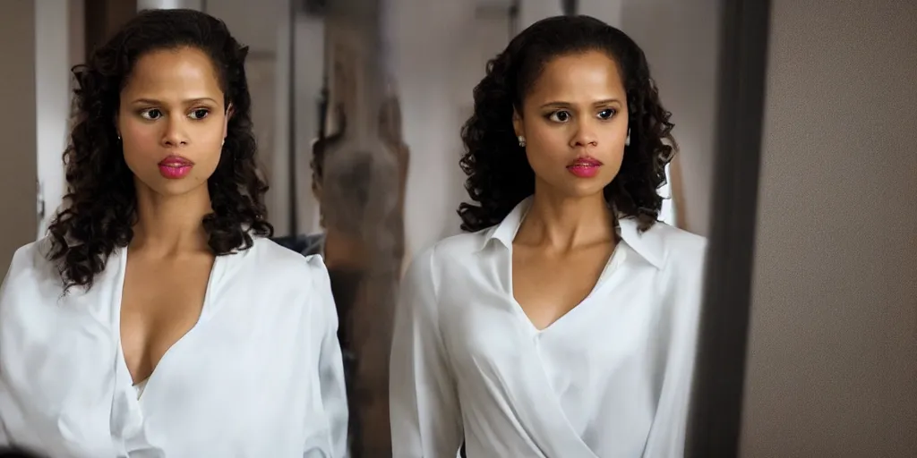 Image similar to ultra wide angle photo of gugu mbatha - raw dressed in a white blouse and black dress pants as diana prince looking at herself in a bathroom mirror and seeing her reflection as wonder woman