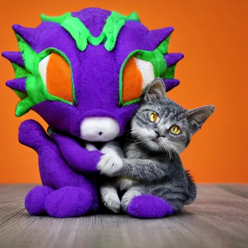 Image similar to small cute purple dragon, the dragon is hugging an orange tabby cat, soft, cozy