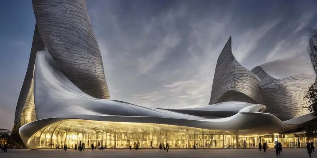 Image similar to extremely elegant smooth detailed stunning sophisticated beautiful elegant futuristic museum exterior by Zaha Hadid, Milan buildings in the background, smooth curvilinear design, stunning volumetric light, stainless steal, concrete, translucent material, beautiful sunset, tail lights