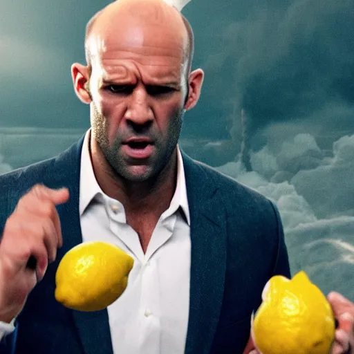 Image similar to ultra realistic professional photo of a lemon yelling at Jason Statham