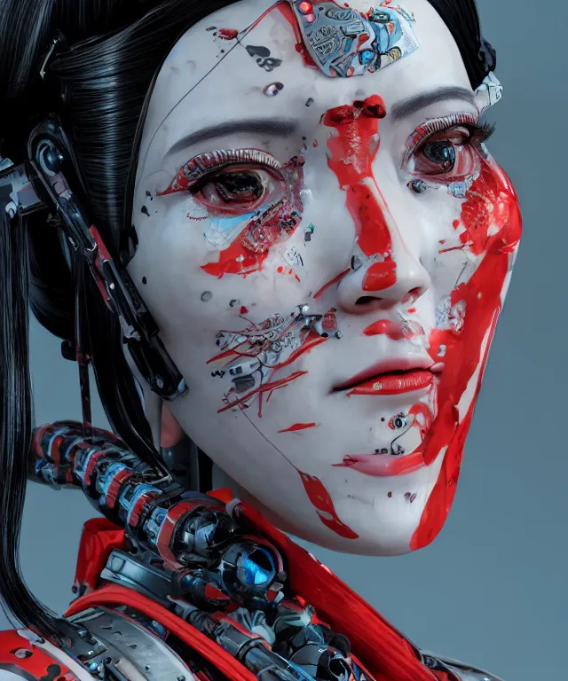 Image similar to an epic fantastic realism comic book style portrait painting of a japanese robotic geisha with kanji tattoos and decals, apex legends, octane render, intricate detail, 4 k hd, unreal engine 5, ex machina, irobot