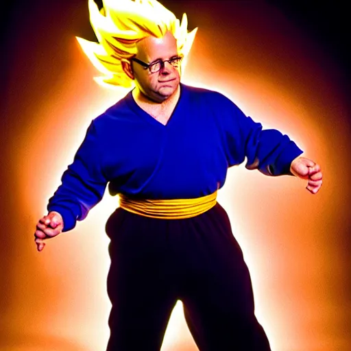 Prompt: uhd candid photo of george costanza as a super sayian, glowing, global illumination, studio lighting, radiant light, detailed, correct face, elaborate intricate costume. photo by annie leibowitz