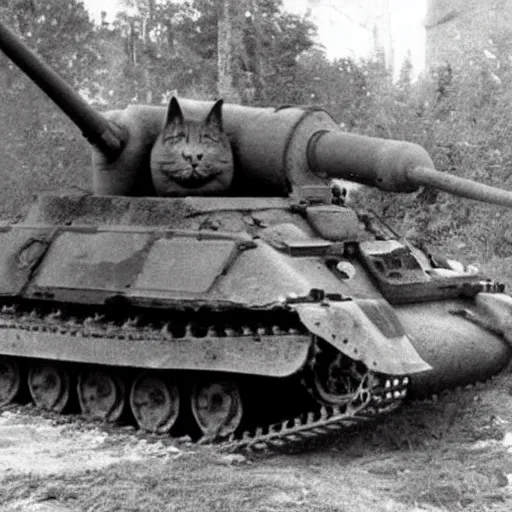 Prompt: old photograph of fat cat inside a world war 2 tank