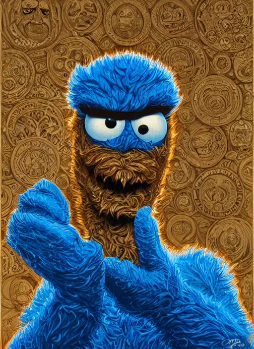 Image similar to Portrait of Cookie Monster from Society (1989), intricate, highly detailed, centered, digital painting, artstation, concept art, smooth, sharp focus, illustration, artgerm, donato giancola, Joseph Christian Leyendecker, WLOP, Artgerm