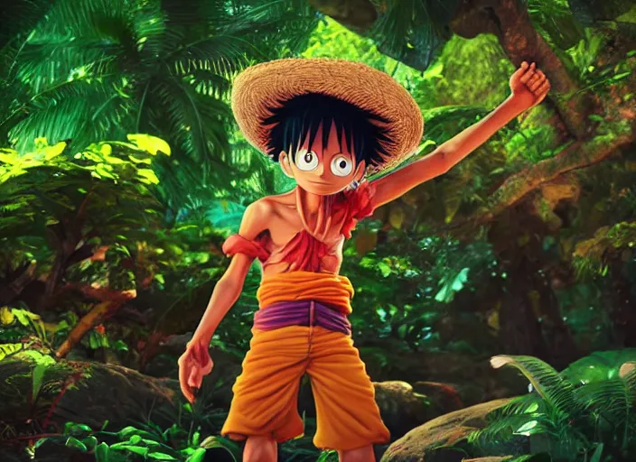 Image similar to a cg render of a colorful luffy in a noir galactic jungle, 8 k, unreal engine, detailed, hyperrealistic, octane