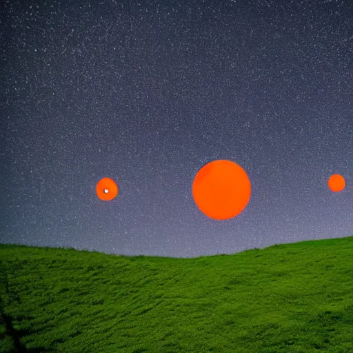 Prompt: a wide angle photo of three small orange glowing people flying over rolling green hills, far away, inspiring, beautiful, brightly colored, paranormal