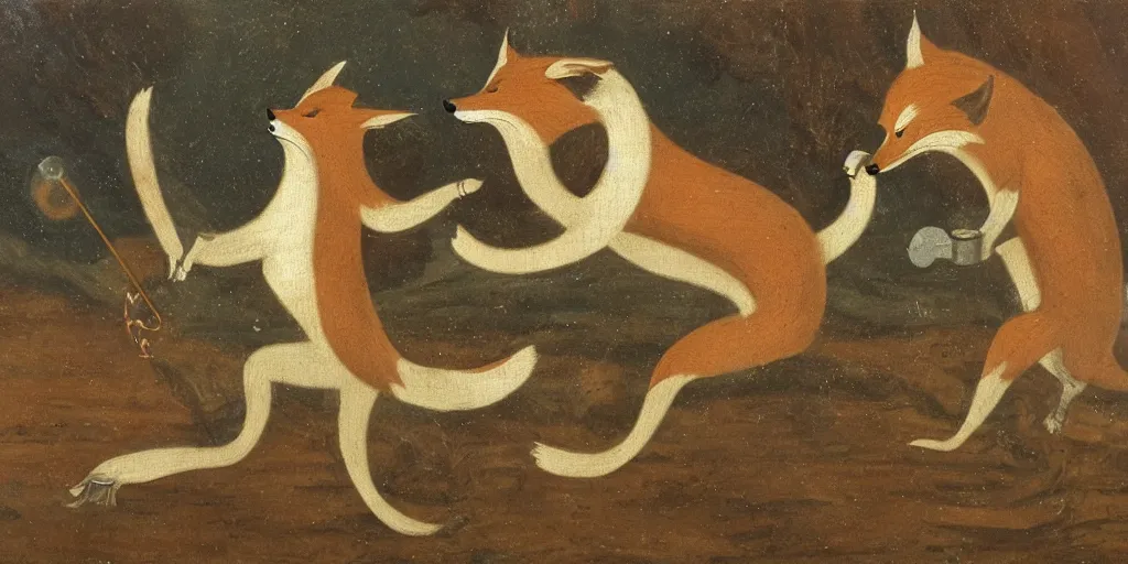 Prompt: anthropomorphic fox fighting a mechanical monster, 1 9 th century painting