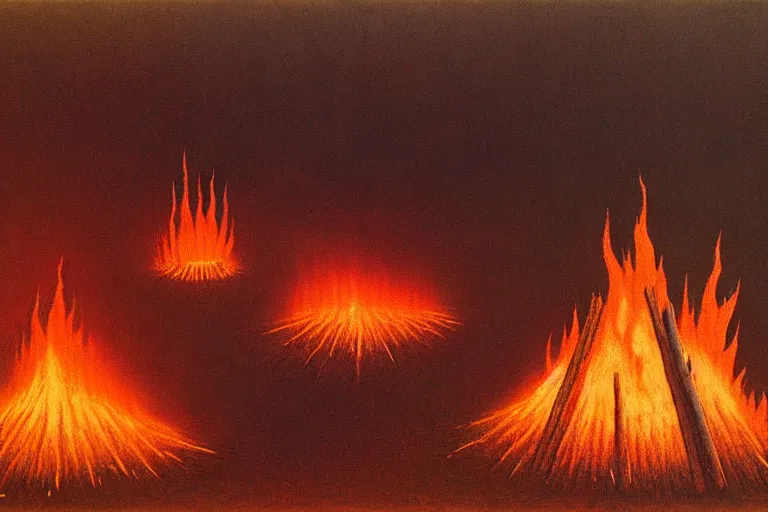 Image similar to zdzisław beksinski painting of a campsite with bonfire