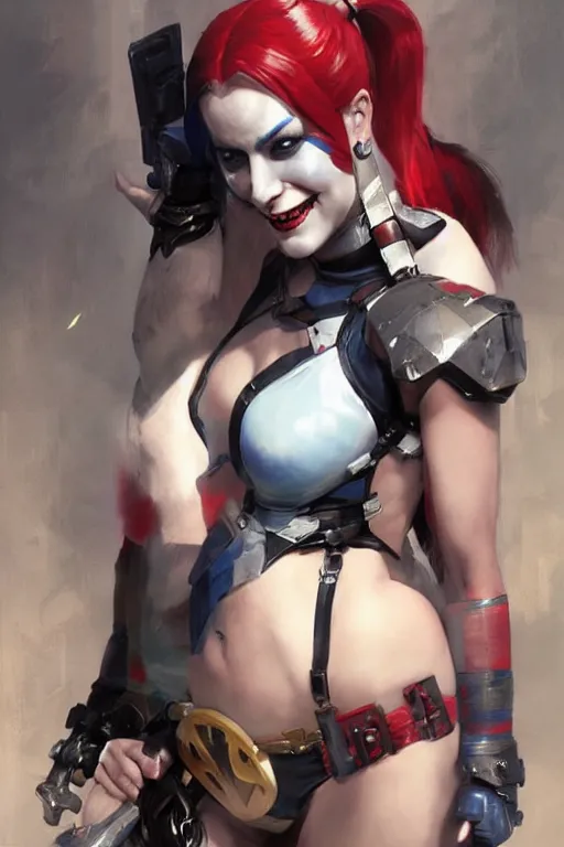 Image similar to Harley Quinn in bikini armor, dc comics, cyberpunk, Warhammer 40000, digital art from artstation by Ruan Jia and Mandy Jurgens and Artgerm and william-adolphe bouguereau