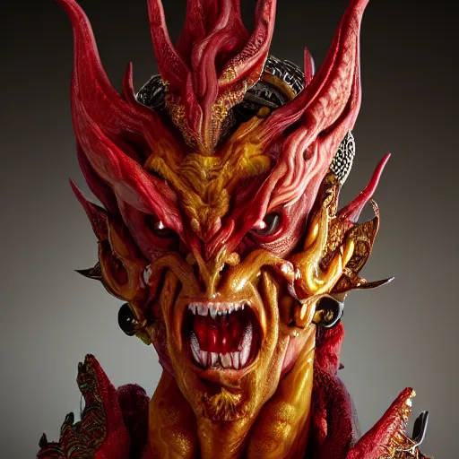 Image similar to a closeup portrait photo, alabaster and ruby real delicate ceramic porcelain sculpture of an ornate detailed humanoid dragon demon devil god in front of an intricate background by rafael, micro detail, backlit lighting, subsurface scattering, translucent, thin porcelain, fire, flames, amber, octane renderer, colorful, physically based rendering, trending on cgsociety