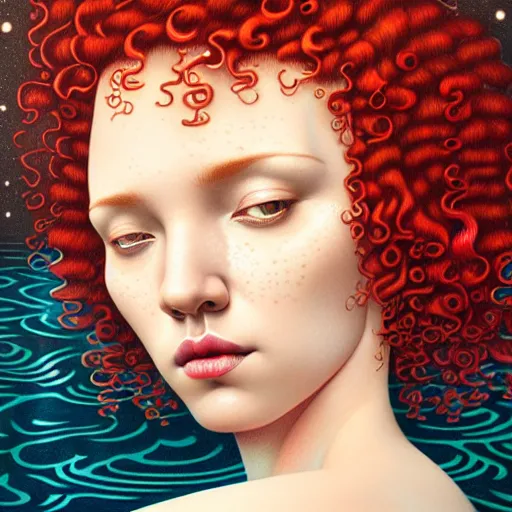 Prompt: beautiful face of a woman with red curly hair half submerged in water and Casey Weldon and Chie Yoshii, rich colors, intricate, elegant, highly detailed, centered, digital painting, artstation, concept art, smooth, sharp focus, illustration, octane render