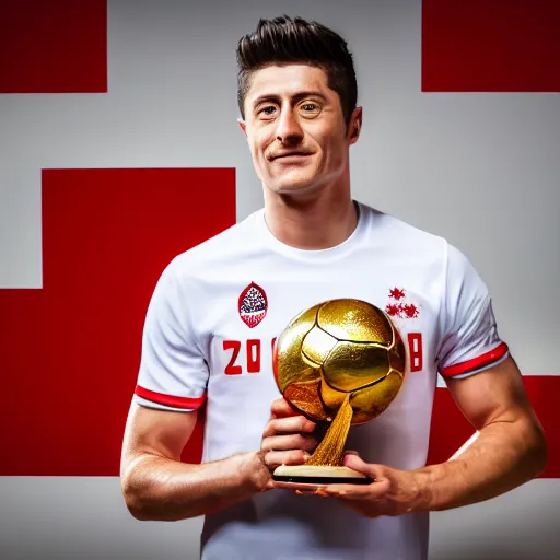 Prompt: portrait of Robert Lewandowski in polish national team t shirt holding World Cup trophy, 4k, hq, high details, natural light, perfect quality, professional photography, award winning photo, a lot of details, perfect face