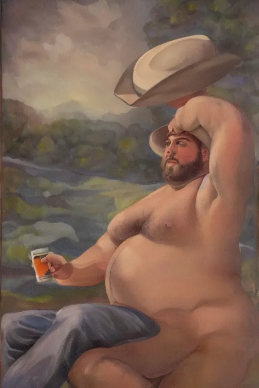 Prompt: an ethereal art deco painting of a rugged handsome thicc shirtless man with a beer belly and cowboy hat sitting by a campfire.