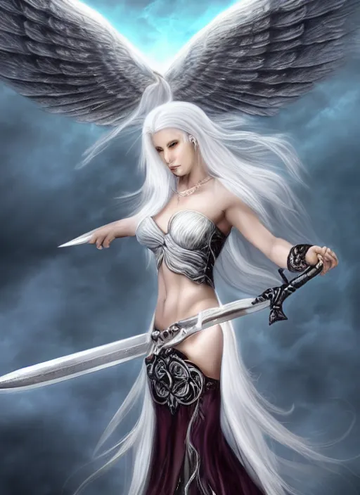 Image similar to a woman with white hair and wings holding a sword, a digital rendering by Anne Stokes, deviantart, fantasy art, deviantart hd, deviantart, angelic photograph