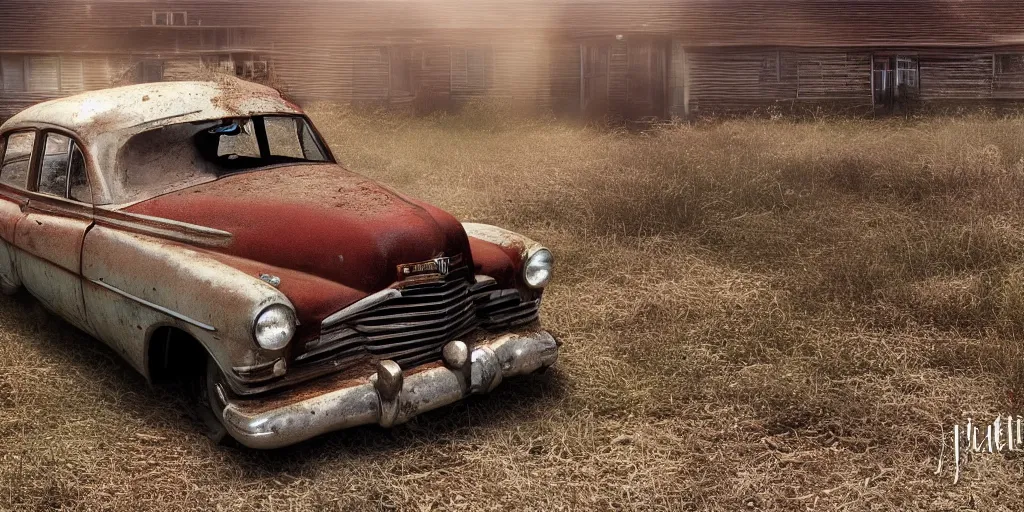 Prompt: Photograph of an abandoned rusty 1950's Buick in a barn, covered with cobweb and dusts, diffuse lighting, crepuscular rays, realistic octane render, 8k, ultra detailed close up