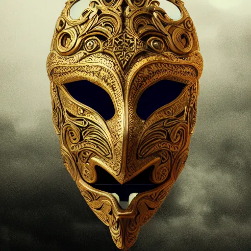 Image similar to an elaborate intricate mask surrounded by storm clouds, rendered in octane, behance hd, bokeh backdrop