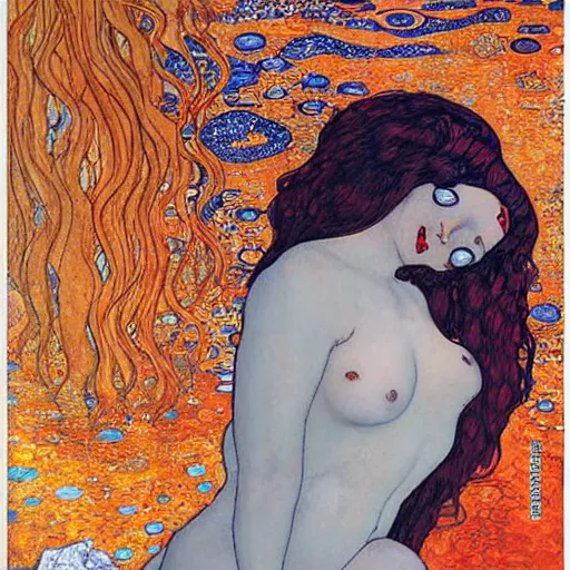 Prompt: a goddess of the sea, with red hair and symmetrical face by milo manara, klimt, semi abstract
