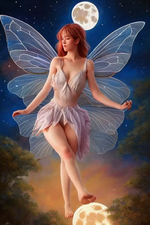 Image similar to attractive fairy magically floating high in the night, fantasy, full moon in background. highly detailed painting by artgerm, mid shot, 8 k