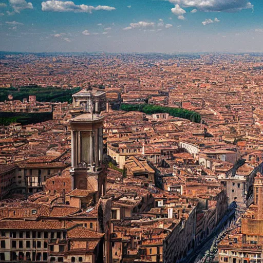 Prompt: An Angel from a Michelangelo painting flies over the cityscape of Rome. He looks tired. Filmed in the style of Wim Wenders. Cinematic, 50mm, highly intricate in technicolor