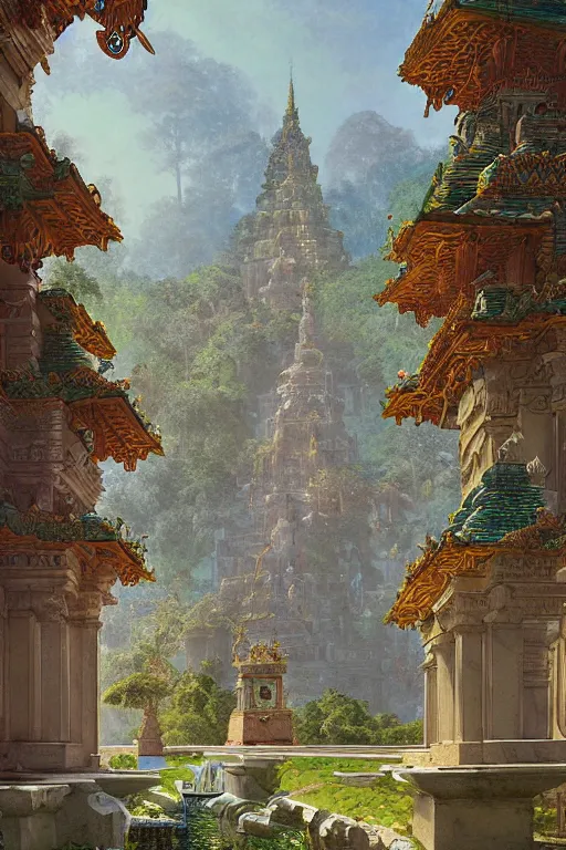 Image similar to glorious painted temple of the forest, by Sylvain Sarrailh and Ludwig Deutsch and Rudolf Ernst and edmund dulac, dramatic cinematic lighting , beautiful colorful tilework, ornate architecture, smooth, sharp focus, extremely detailed