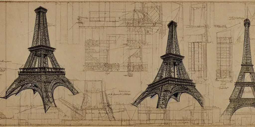 Prompt: architectural schematics of Eiffel Tower, drawn by Leonardo da vinci, in the style of Bauhaus