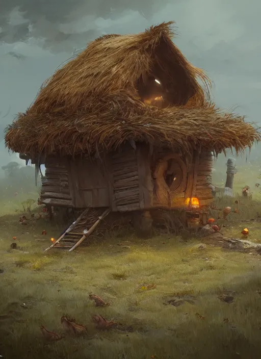 Image similar to hut with chicken legs, greg rutkowski, zabrocki, karlkka, jayison devadas, trending on artstation, 8 k, ultra wide angle, zenith view, pincushion lens effect