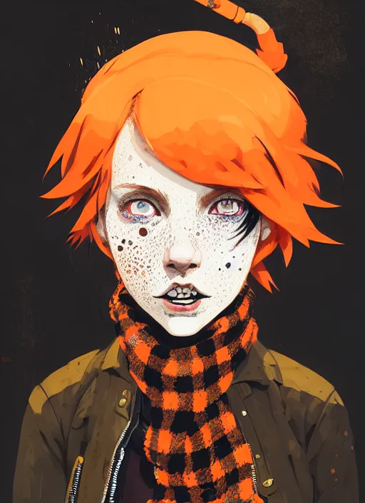 Prompt: highly detailed portrait of a sewer punk lady student, freckles, beanie, tartan scarf, ginger hair by atey ghailan, by greg rutkowski, by greg tocchini, by james gilleard, by joe fenton, by kaethe butcher, gradient, orange, black, brown and cream color scheme, grunge aesthetic!!! white graffiti tag wall background