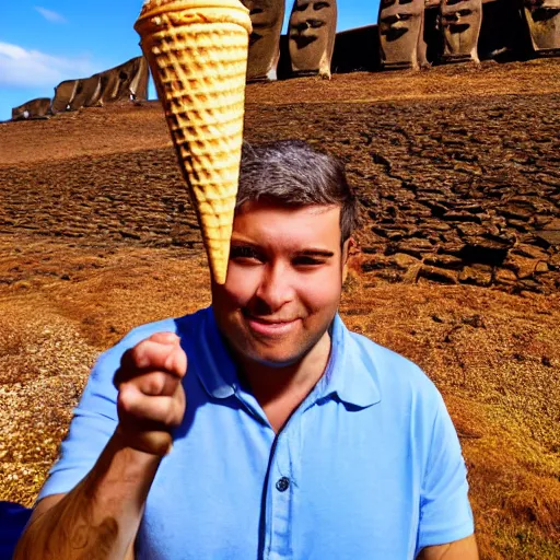 Image similar to a man holding an ice cream cone with a moai 🗿 in it, 4 k photograph