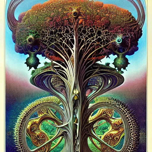 Image similar to divine chaos engine by roger dean and andrew ferez, art forms of nature by ernst haeckel, tree of life, symbolist, visionary, art nouveau, organic fractal structures, surreality, detailed, realistic, ultrasharp