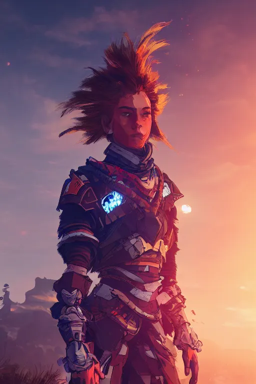 Image similar to combination suit armor aloy horizon forbidden west horizon zero dawn radiating a glowing aura global illumination ray tracing hdr fanart arstation by ian pesty and alena aenami artworks in 4 k tribal robot ninja mask helmet backpack