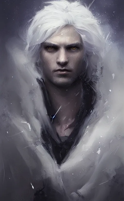 Image similar to portrait of a young man with glowong purple eyes, silver hair, silver hair, wearing a black cloak, fantasy, highly detailed, cinematic lighting, digital art painting by greg rutkowski