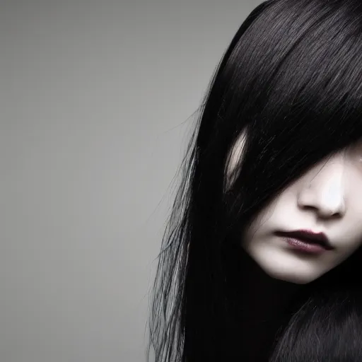 Image similar to professional photograph of female japanese model in emo makeup, long hair, fringe