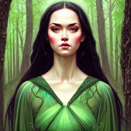 Image similar to gorgeous female Jade Tailor, realistic character concept, black hair, symmetrical face symmetrical eyes, green dress, forest, trees, medium shot, shorter neck, illustration, cinematic lighting, artgerm, Tom Bagshaw, Norman Rockwell, insanely detailed and intricate, beautiful