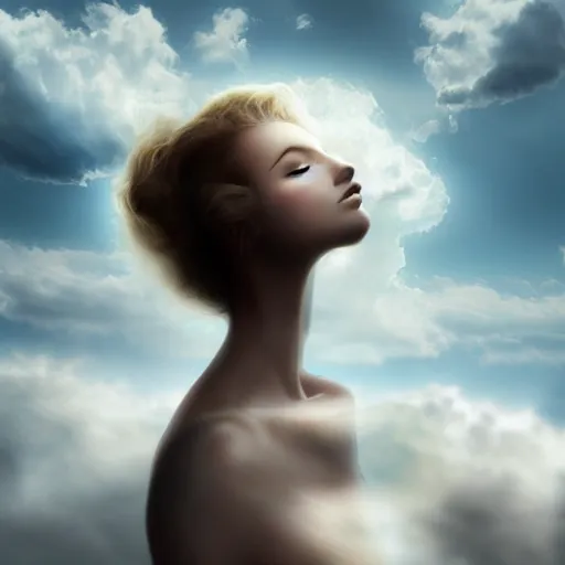 Image similar to goddess wearing a cloud fashion on the clouds, photoshop, colossal, creative, albino skin, giant, digital art, photo manipulation, clouds, covered in clouds, girl clouds, on clouds, covered by clouds, a plane flying on the clouds, digital painting, artstation