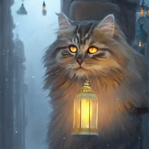 Image similar to concept art, siberian cat behind lanterns, 8 k, by james gurney, greg rutkowski, john howe, artstation