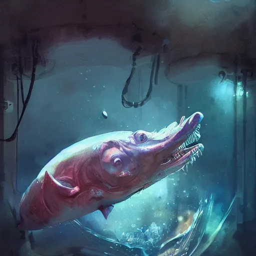 Prompt: portrait of a deep sea creature, realistic, digital art, illustration, vibrant watercolor, cold lighting, wenjun lin, reflections, refractions, film grain