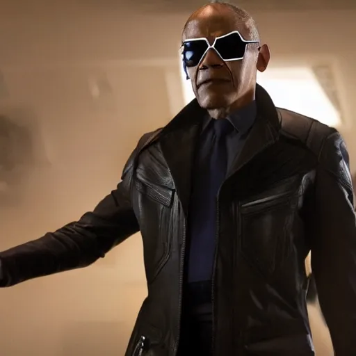 Image similar to Film still of Obama as Nick Fury. Marvel Cinematic Universe. Extremely detailed. Screenshot. 4K. Cinematic lighting.