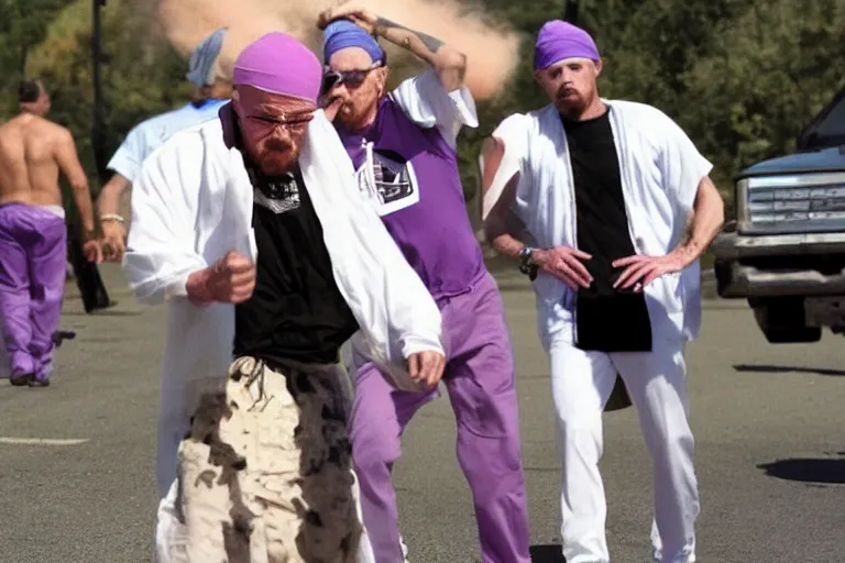 Image similar to walter white as a white gang member wearing a purple head covering made from a polyester or nylon material and a stained white tank top doing a drive - by shooting, arms covered in gang tattoo, paparazzi, leaked footage, uncomfortable, bad quality